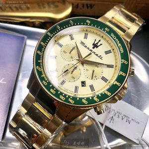 [星晴錶業]MASERATI手錶,44mm,R8873640005金色錶面綠金錶殼金色精鋼錶帶款