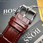 [星晴錶業]BOSS手錶,44mm,HB1513505銀白色錶面銀錶殼咖啡色真皮皮革錶帶款, , large