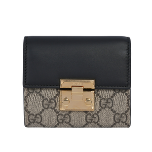 GUCCI Padlock 鎖釦設計塗層帆布及皮革三折短夾/米色/黑色