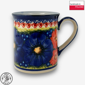 【SOLO Vintage】Cerraf Polish Pottery 280ml Mug Red and Blue Blossoming Elegance Series Made in Poland