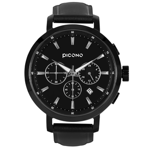【PICONO】D-Time 真三眼多功能系列真皮錶帶手錶-黑色 / DT-9202