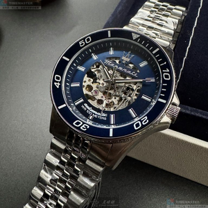 [星晴錶業]MASERATI手錶,44mm,R8823140011銀寶藍色雙面機械鏤空錶面寶藍錶殼銀色精鋼錶帶款