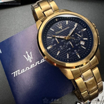 [星晴錶業]MASERATI手錶,44mm,R8873621021寶藍色錶面銀金色錶殼金色精鋼錶帶款, , large