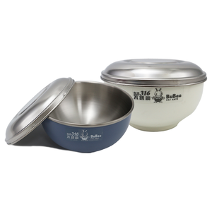 豆豆316不鏽鋼隔熱碗-附不鏽鋼蓋-14cm-莫蘭迪藍x1+白色x1-1組