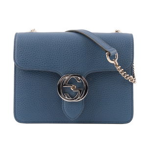 GUCCI 金屬雙G Logo荔枝皮革方形斜背包/藍色