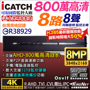 【KingNet】 KMQ-0825EU-K 可取 ICATCH 8路監視主機 800萬 8MP 5MP/1080P/720P/960H 監控主機