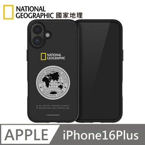 National Geographic Metal Deco Earth Badge Anti-fall Protective Case Mobile Phone Case Applicable to iPhone 16 Plus-Black 