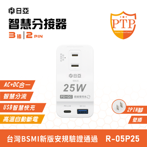 [寶旺旺]日亞 智慧防雷2孔3插PD 25W Type-C+QC3.0快充分接器(新安規 PTP高溫斷電) R-05P25