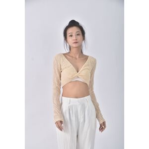 (S) 【安于晴Charlene私服】bershka質感修身短版針織V領杏色長袖上衣二手衣