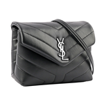 YSL Monogram Lou Lou 銀釦V紋小牛皮斜背包/MINI/黑色, , large