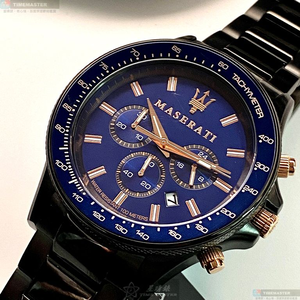 [星晴錶業]MASERATI手錶,44mm,R8873640001寶藍色錶面黑錶殼深黑色精鋼錶帶款