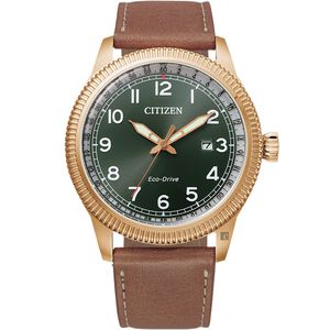 CITIZEN 星辰 光動能復古風紳士手錶-玫瑰金x綠 BM7483-15X