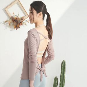 YOGA FLOW Gather(L)Sleeve - 後背雙交叉罩衫 - 裸棕 Camel