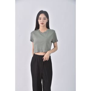 (S) meier q修身短版棉質純棉綠色短袖上衣二手衣