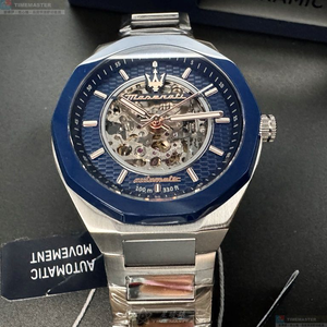 [星晴錶業]MASERATI手錶,46mm,R8823142004寶藍色雙面機械鏤空錶面寶藍錶殼銀色精鋼錶帶款