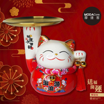 摩達客◉春節開運◉財源滾滾頂盤陶瓷招財貓-托盤紅色款_撲滿存錢桶擺飾桌飾, , large