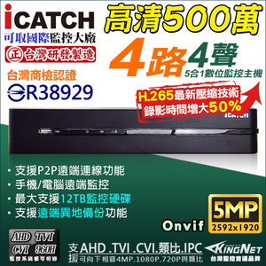 【KingNet】 KMQ-0428EU-K  可取 ICATCH 4路監視主機 500萬 5MP/1080P/720P/960H 監控主機