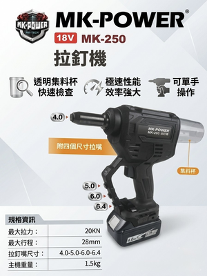 WIN五金 MK-POWER 18V鋰電無刷拉釘槍 <MK-250+6.0電池組> 電動拉釘 充電式拉釘槍 拉丁槍