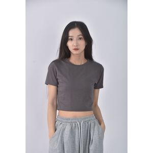 (S) gu修身短版棉質素面灰色短袖上衣二手衣