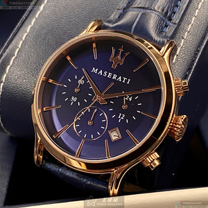 [星晴錶業]MASERATI手錶,42mm,R8871618007寶藍色錶面玫瑰金錶殼寶藍真皮皮革錶帶款