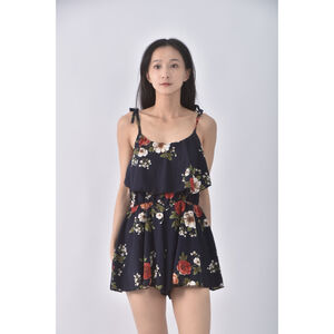 (L) girl s monday高腰質感吊帶印花藍色連身裝二手衣