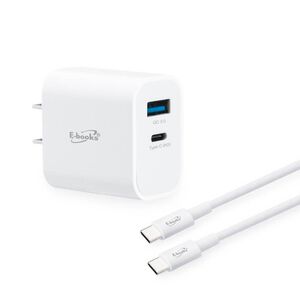 E-BOOKS B78 20W PD+QC3.0 Fast Charger + 60W C to C Fast Charging Cable Set - Dual-Hole Output, Eco-friendly TPE