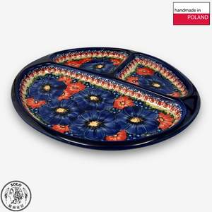【SOLO Vintage】Cerraf Polish Pottery 28cm Divider Plate Red and Blue Blossoming Elegance Series Made in Poland