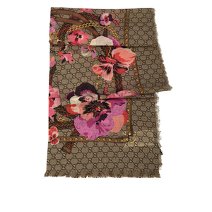GUCCI GG Logo 花卉圖案羊毛披肩/圍巾/米色/紫紅色