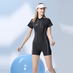 Monina Taiwan-made short-sleeved sunscreen full-collar stand-up collar one-piece four-corner swimsuit snorkeling essential black, , large