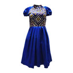 Lizzy寶石藍圖騰印花澎袖洋裝, , large