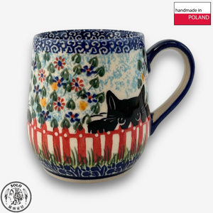 【SOLO Vintage】Cerraf Polish Pottery 320ml Mug Black Cat Garden Series Made in Poland