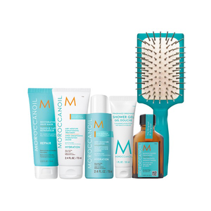 【MOROCCANOIL】超值旅行組(迷你板梳/摩洛哥優油/高效修復髮膜/超輕感保濕洗髮露/護髮劑/經典沐浴膠)