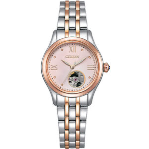 CITIZEN 星辰 小鏤空優雅機械女錶-銀x玫瑰金/28.5mm PR1044-87X