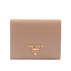 PRADA 浮雕Logo荔枝皮革二折短夾/裸粉色
