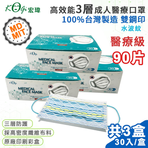 【宏瑋】台灣製 MD+MIT 雙鋼印 高效能三層不織布 醫療級 醫用成人口罩 90入(水波紋)
