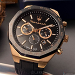 [星晴錶業]MASERATI手錶,46mm,R8871642001黑色錶面玫瑰金錶殼深黑色真皮皮革錶帶款, , large