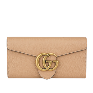 GUCCI Marmont 金色標誌粒紋皮革釦式二折長夾/裸粉色