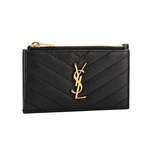 YSL 山形紋荔枝皮金字Logo拉鍊卡片/零錢夾/黑色, , large