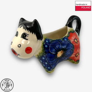 【SOLO Vintage】Cerraf Polish Pottery 60ml Cow Milk Jug Red and Blue Blossoming Elegance Series Made in Poland