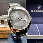 [星晴錶業]MASERATI手錶,46mm,R8871612012銀白色錶面銀錶殼深黑色精鋼錶帶款, , large