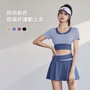 【A&R】顯瘦蜜桃拼色假兩件運動短袖上衣 奶膚紫,L