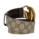 GUCCI 霧金雙G Logo 防水皮革拼牛皮皮帶 85cm/米色/棕色, , large