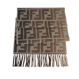 FENDI FF Logo 刷毛羊毛及喀什米爾流蘇圍巾/米棕色
