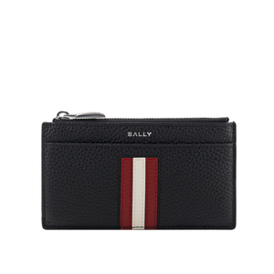 BALLY Ribbon 紅白條紋牛皮拉鍊卡片夾/零錢包/黑色