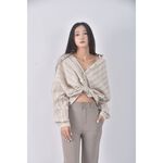 (L) pazzo質感修身短版亞麻棉質條紋杏色長袖上衣二手衣, , large