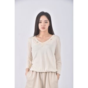 (L) 依蕾質感V領杏色長袖上衣二手衣