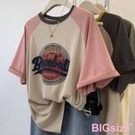 大尺碼-印花 插肩 圓領T恤-深灰/粉-0101143, , large