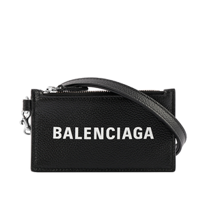 BALENCIAGA 經典Logo牛皮小款卡片夾/附可拆式掛繩/黑色