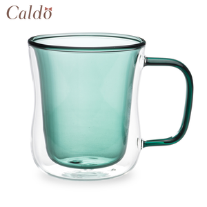 [ Caldo卡朵 ] 恬靜雙層隔熱撞色有柄玻璃杯 380ml  -  湖綠
