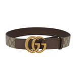 GUCCI 霧金雙G Logo 防水皮革拼牛皮皮帶 85cm/米色/棕色, , large